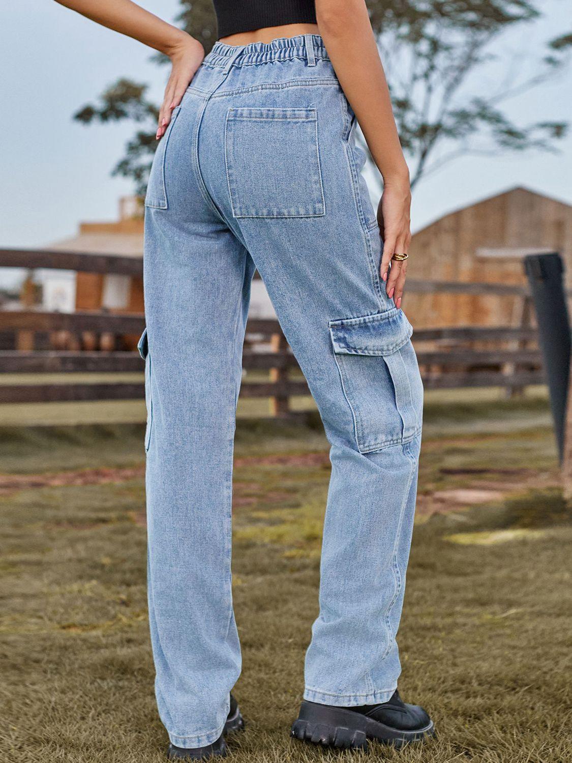 Loose Fit High Waist Straight Leg Cargo Jeans - Jeans