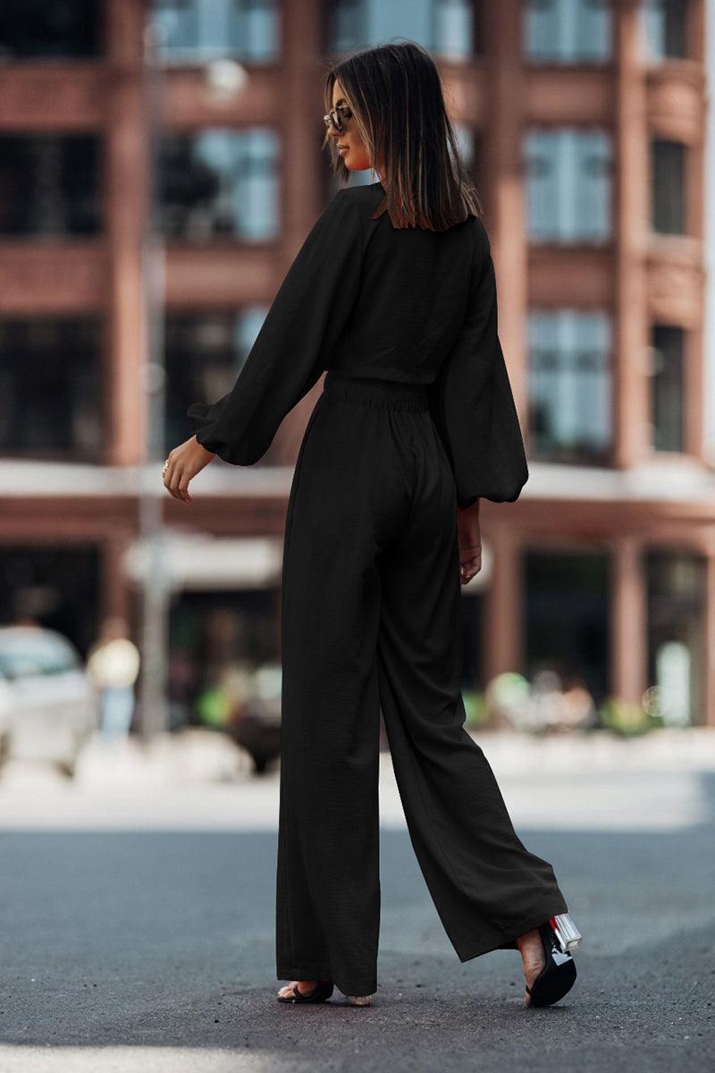 Cutout Long Sleeve Top and Wide Leg Pants Set - Pant & Top