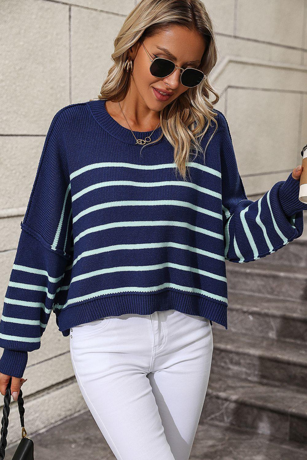 Striped Dropped Shoulder Round Neck Sweater - Sweater