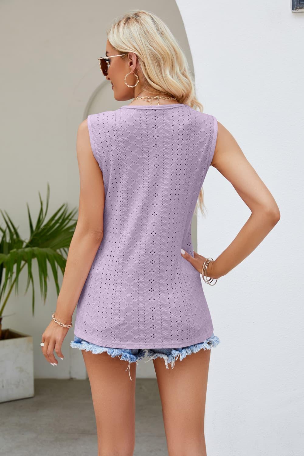 Eyelet Spliced Lace V-Neck Tank Top - Tank