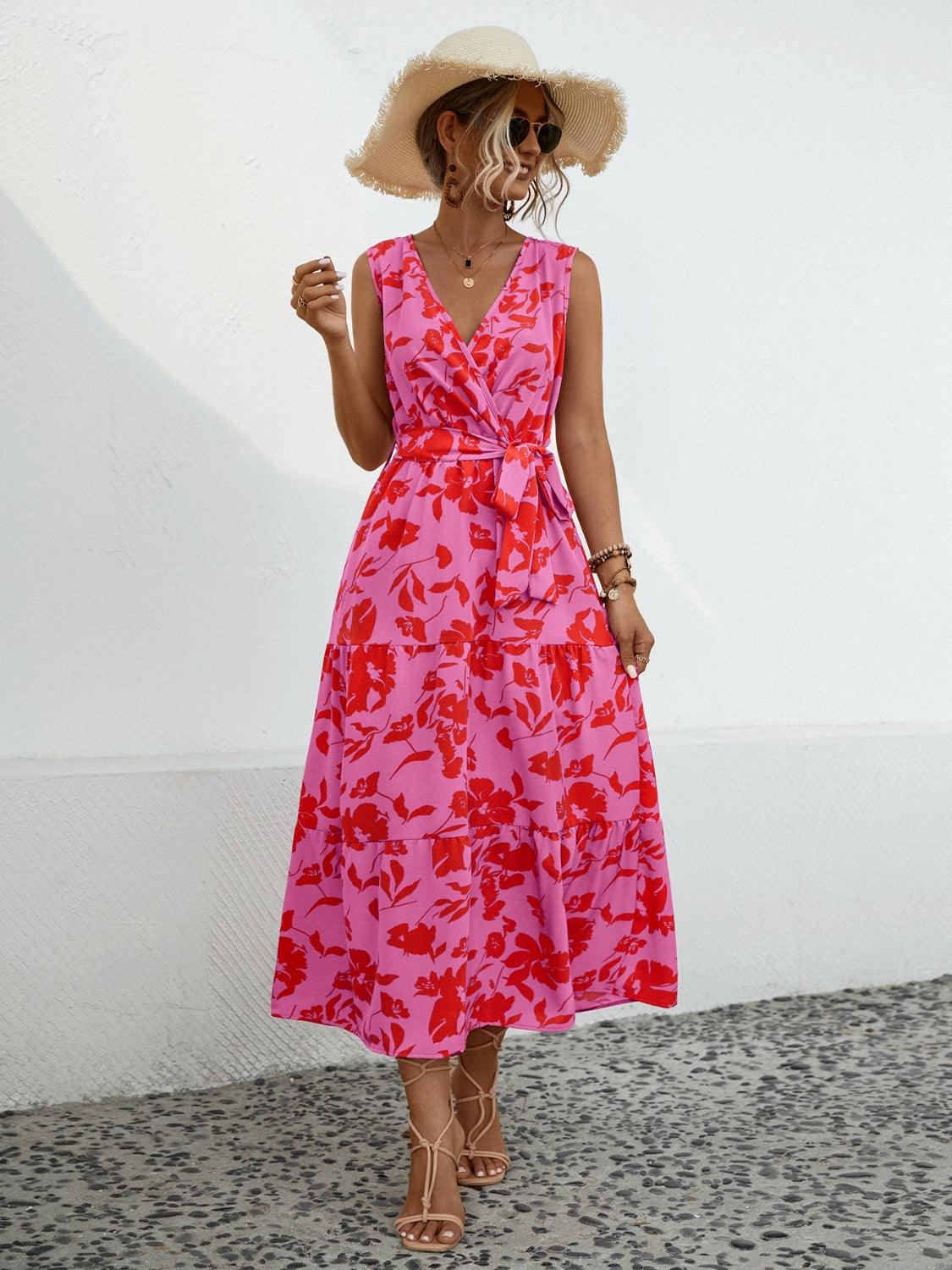 Tied Floral Surplice Tiered Midi Dress - Dresses