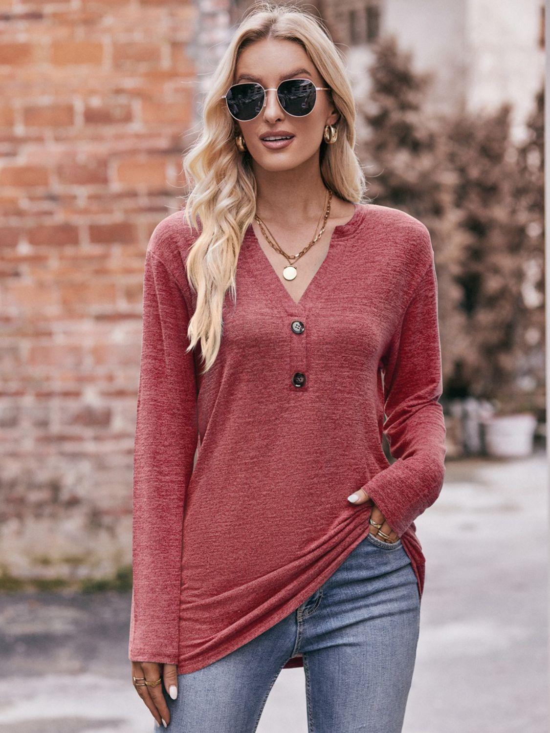 Double Take Buttoned Notched Neck Long Sleeve Top - Top