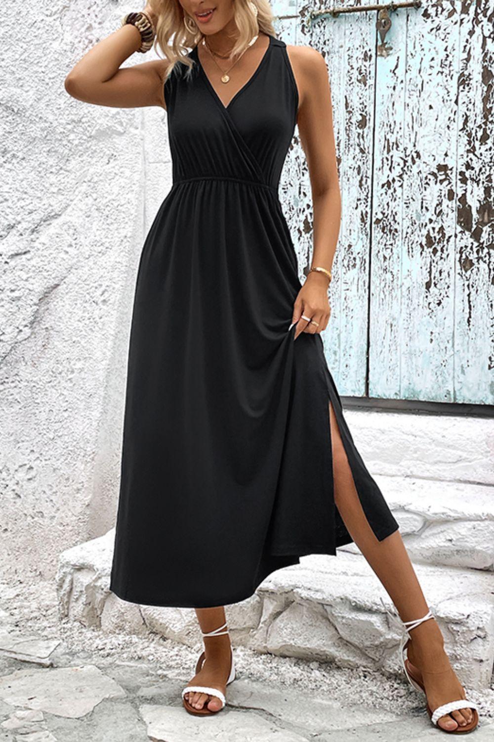 Surplice Neck Slit Sleeveless Midi Dress - Dresses