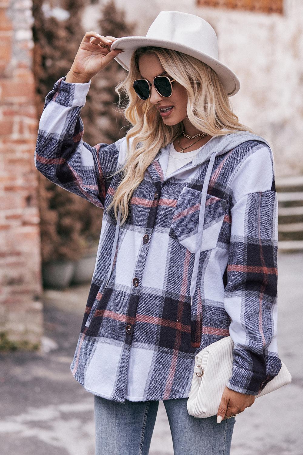 Plaid Dropped Shoulder Hooded Shacket - Jacket