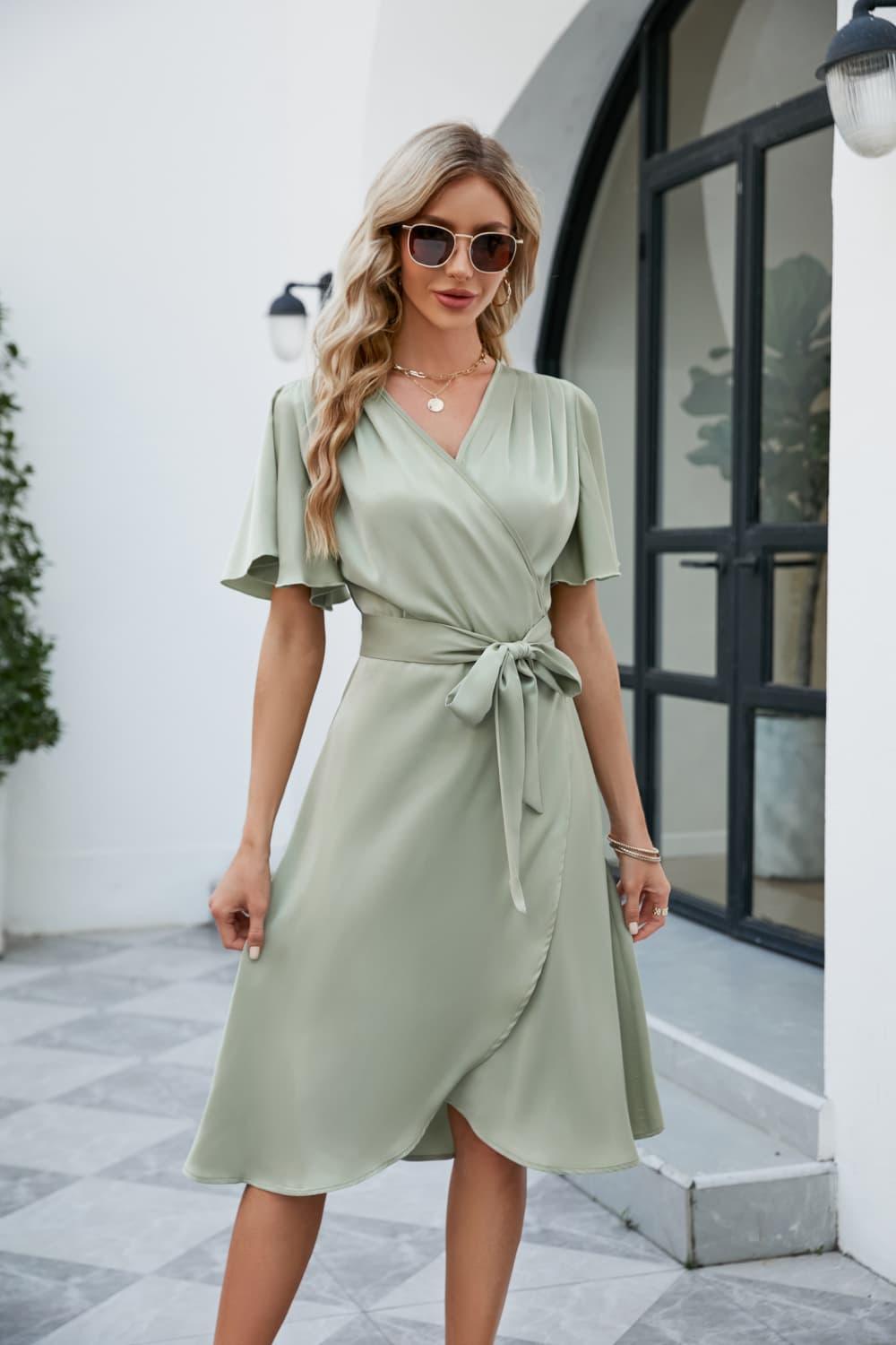 Tie Waist Flutter Sleeve Surplice Knee-Length Wrap Dress - Dresses