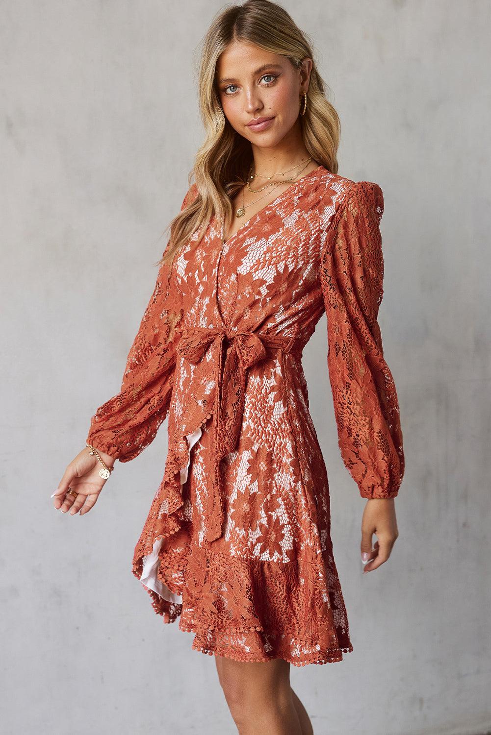 Pompom Trim Puff Sleeve Belted Lace Short Wrap Dress - Dresses