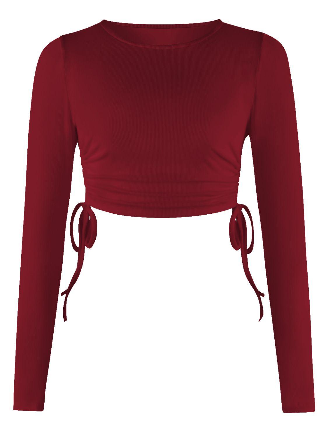 Cropped Drawstring Round Neck Long Sleeve Top - Top