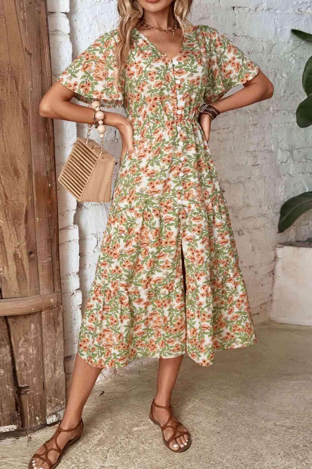 Floral V-Neck Front Slit Shirt Midi Dress - Dresses