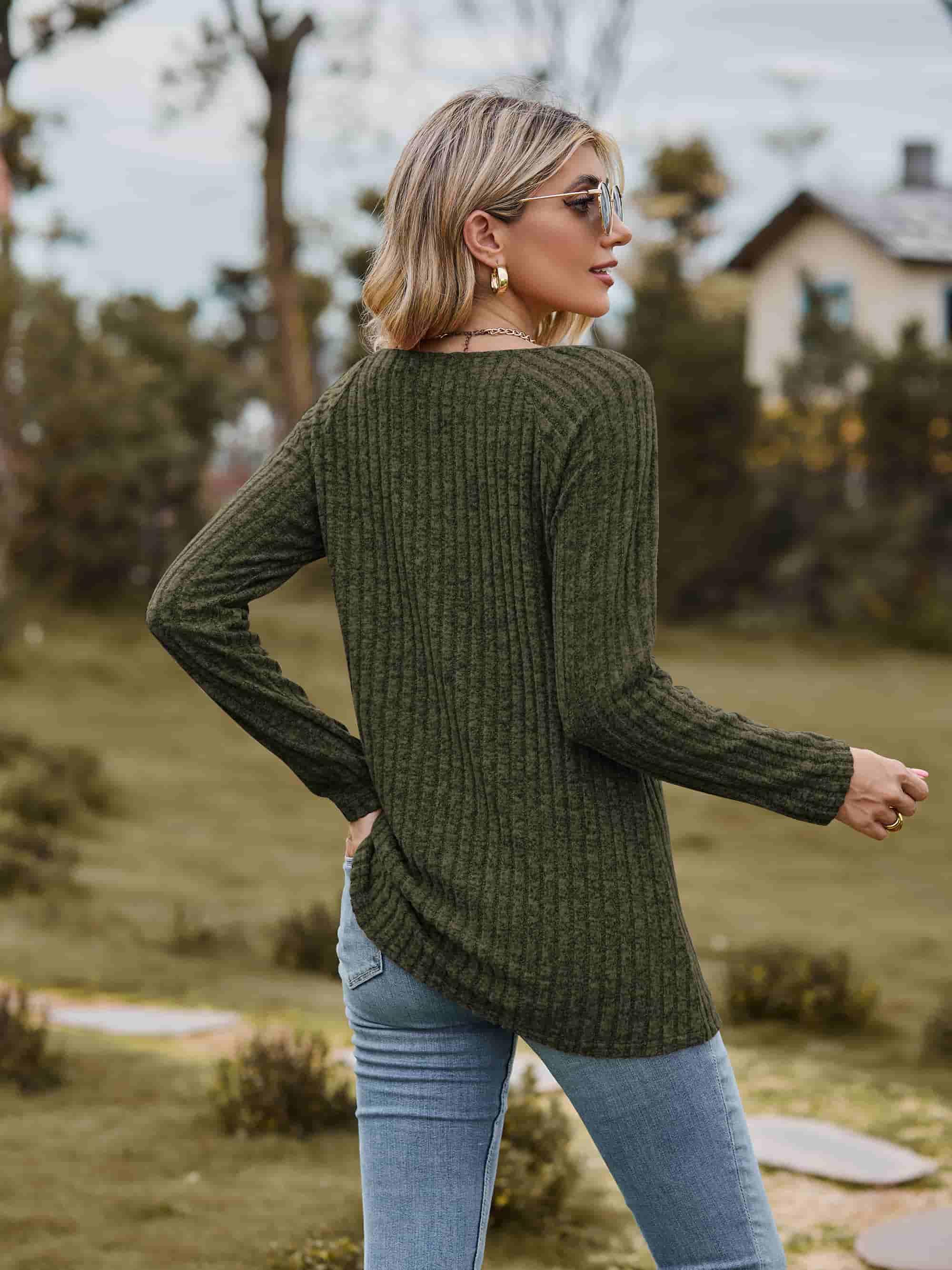 Ribbed Square Neck Long Sleeve Top - Top