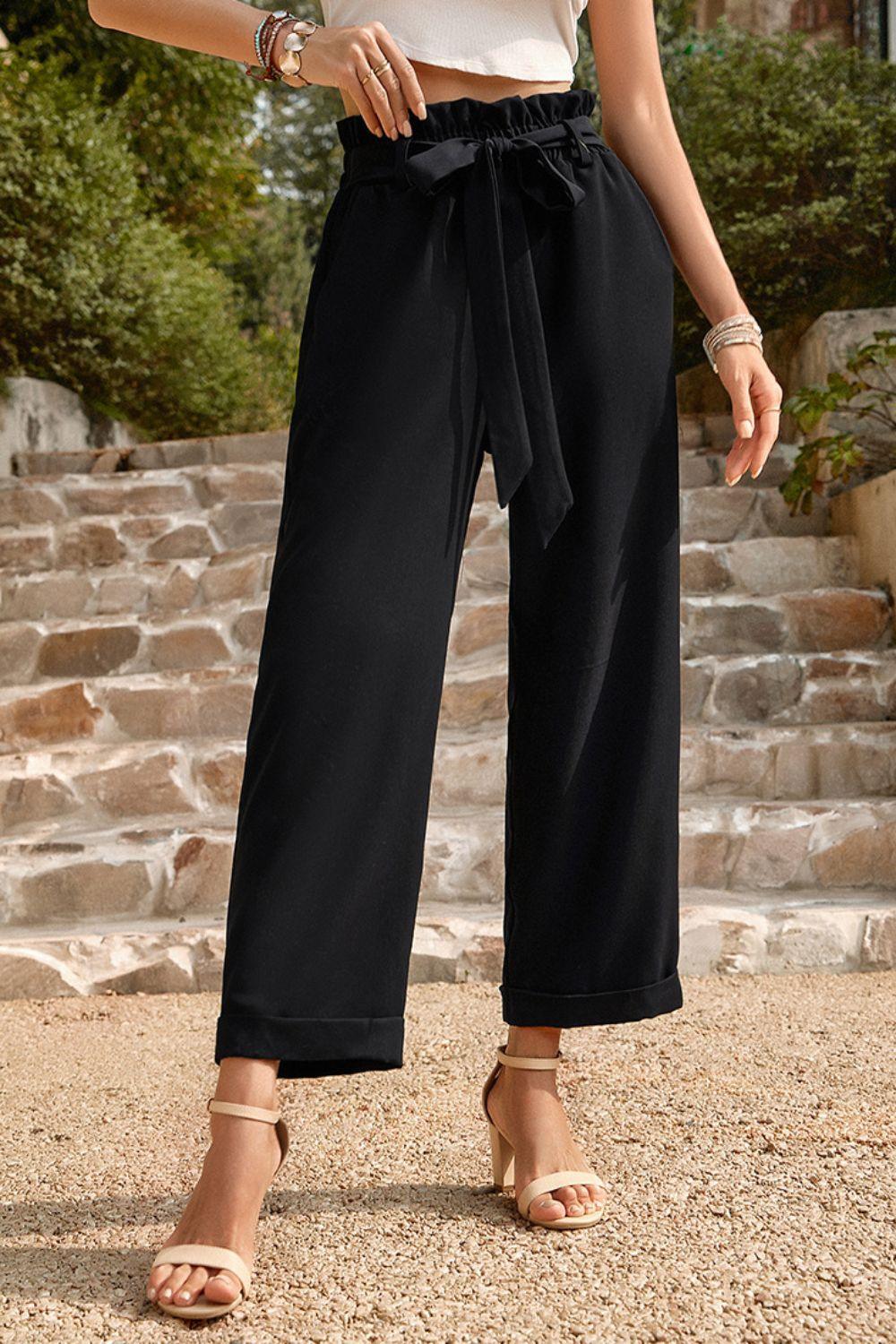 Cropped Tie Belt Paperbag Waist Straight Leg Pants - Pant