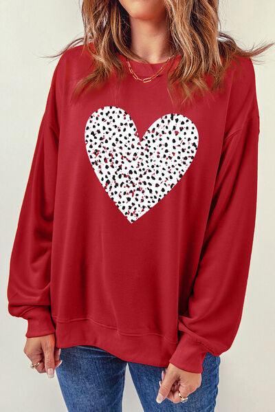 Heart Round Neck Dropped Shoulder Sweatshirt - Sweatshirt