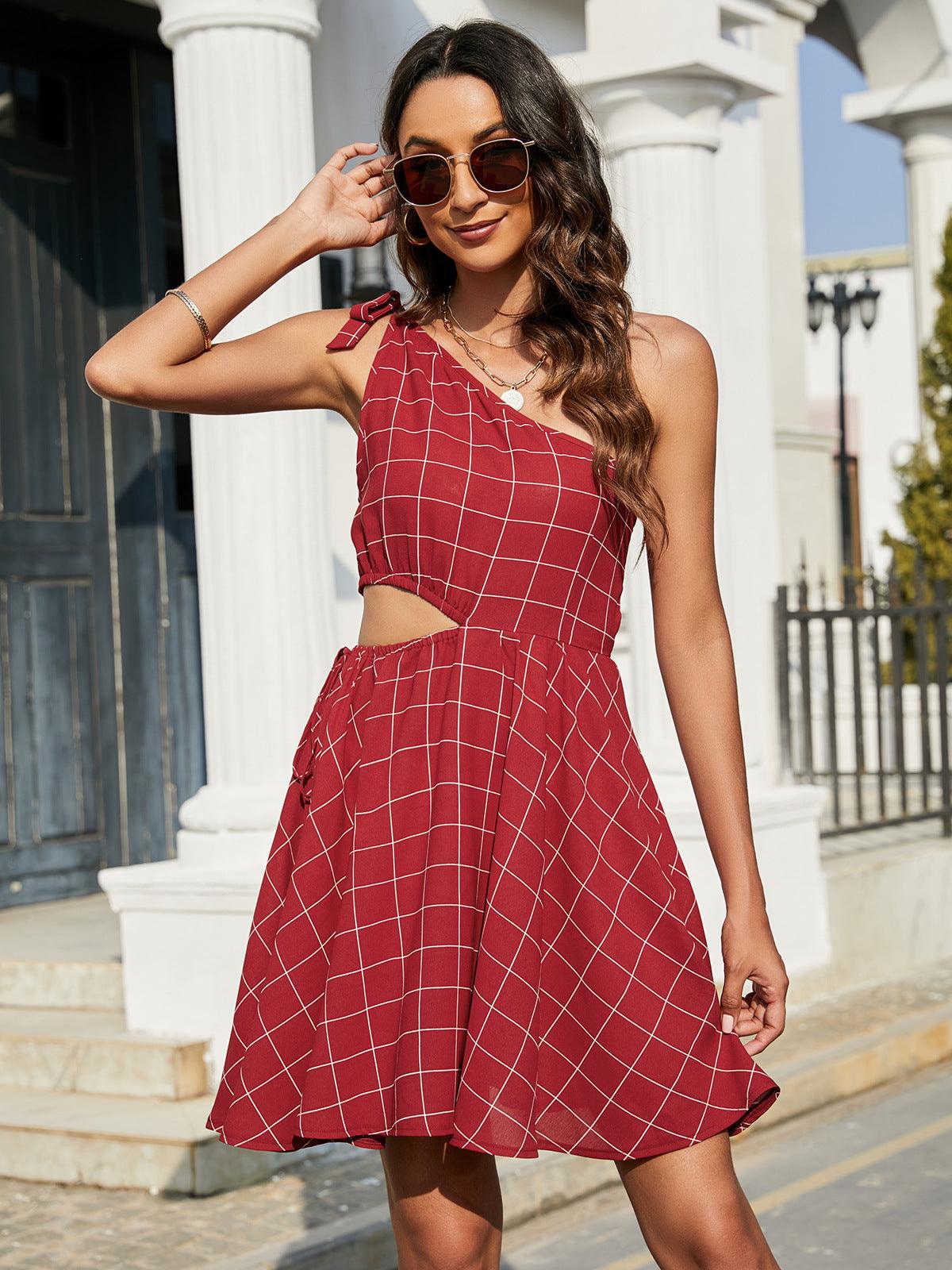 Plaid One-Shoulder Tied Cutout Mini Dress - Dresses