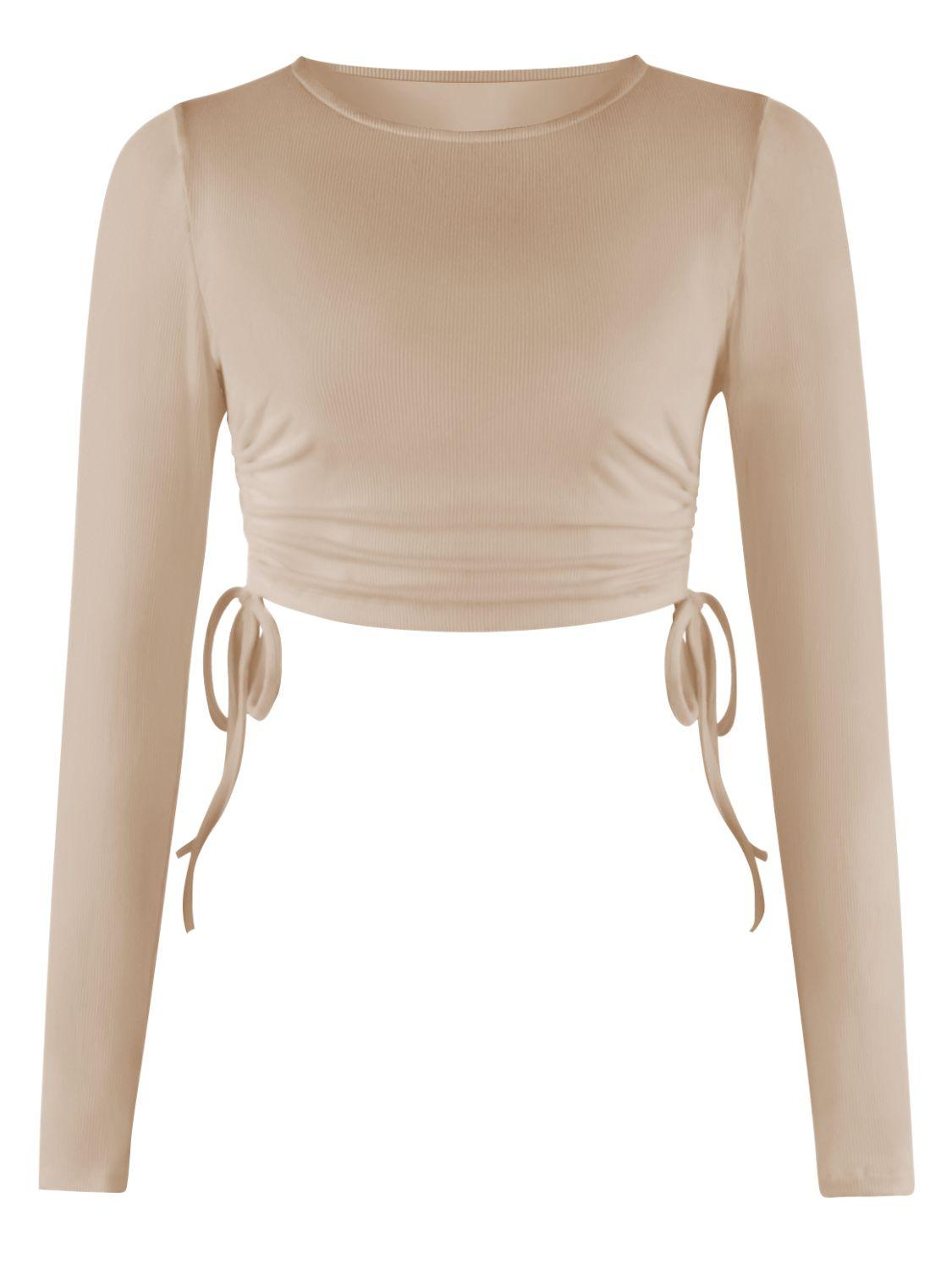 Cropped Drawstring Round Neck Long Sleeve Top - Top