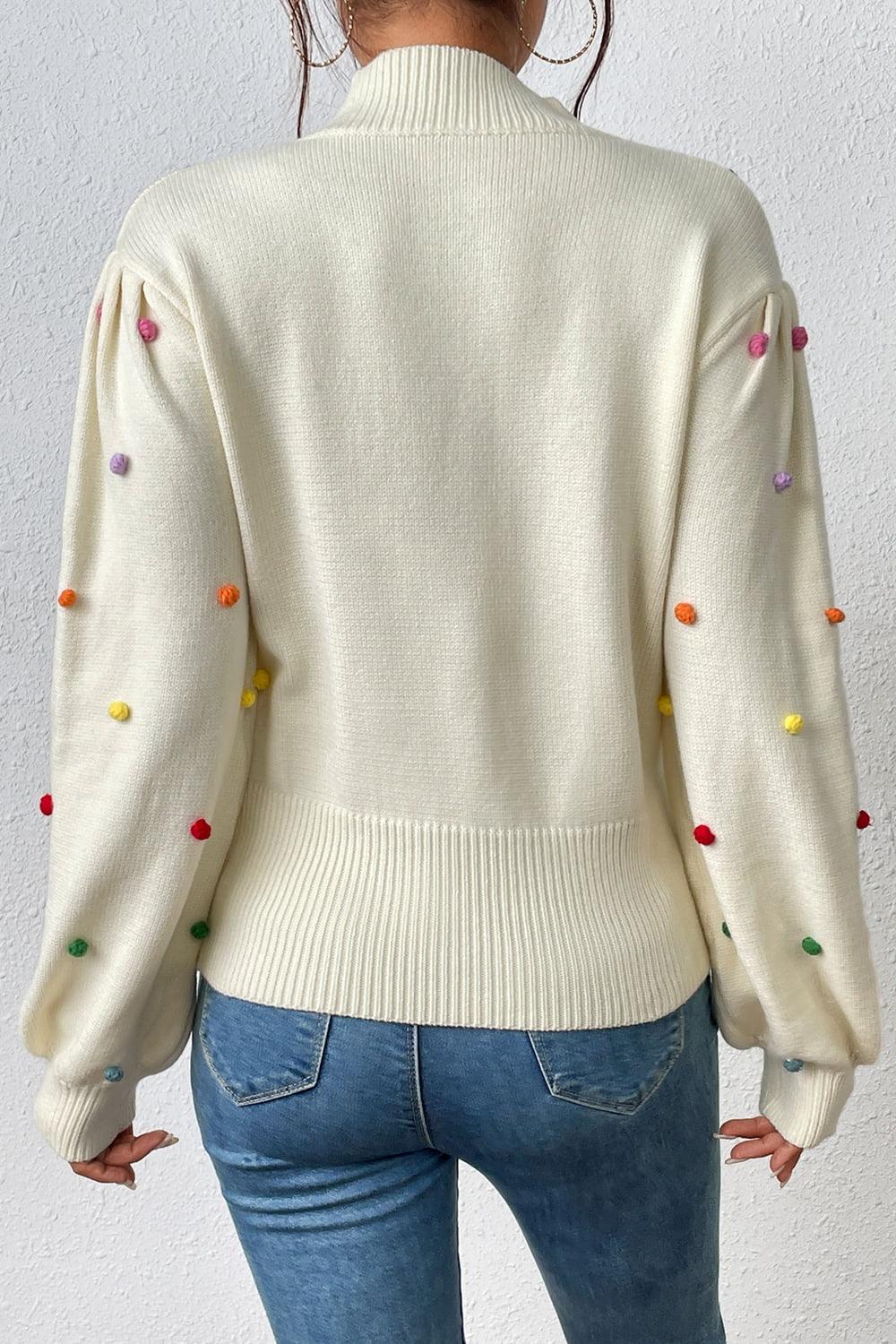 Pom-Pom Trim Mock Neck Long Sleeve Pullover Sweater - Sweater