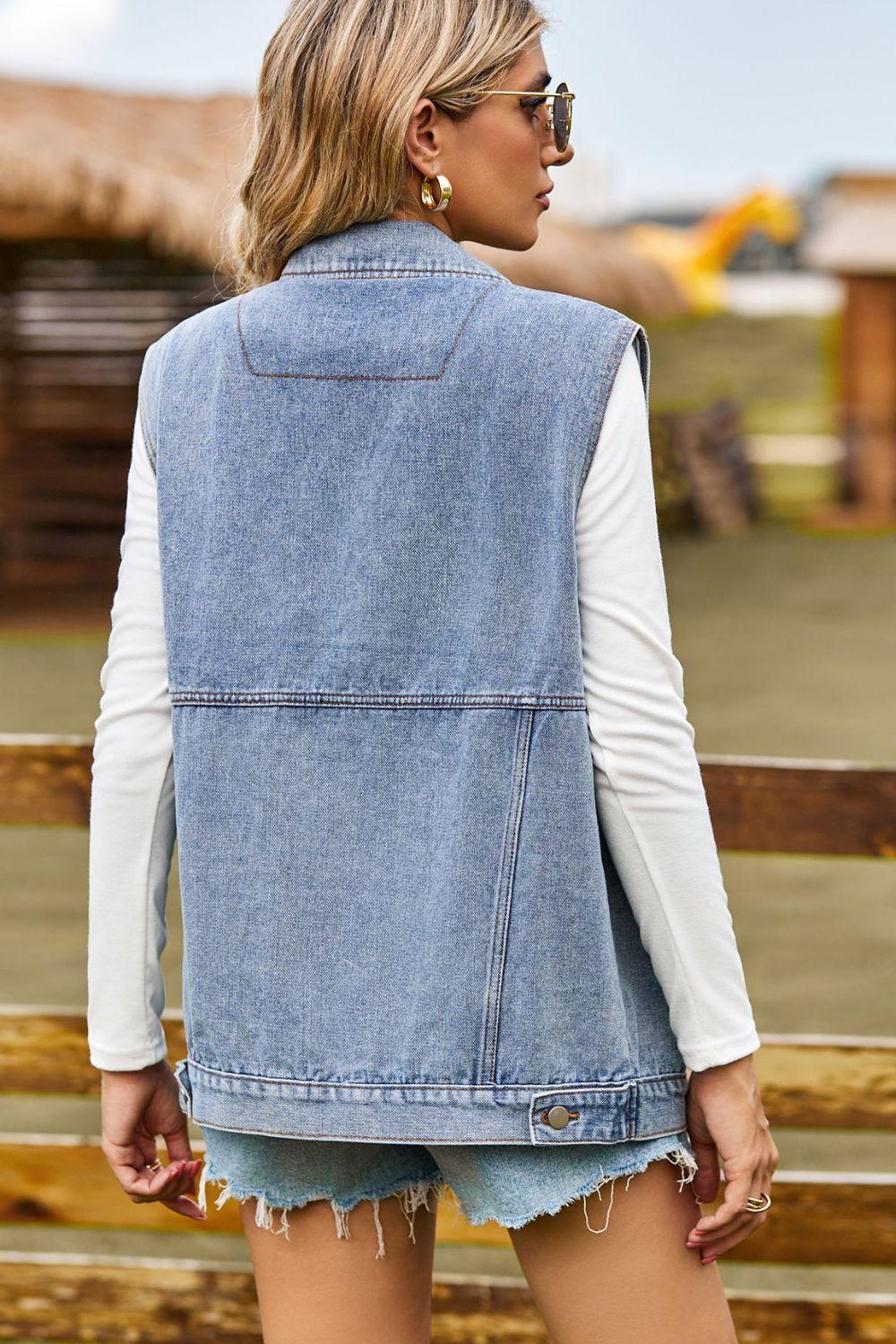 Collared Neck Denim Vest with Pockets - Denim Vest