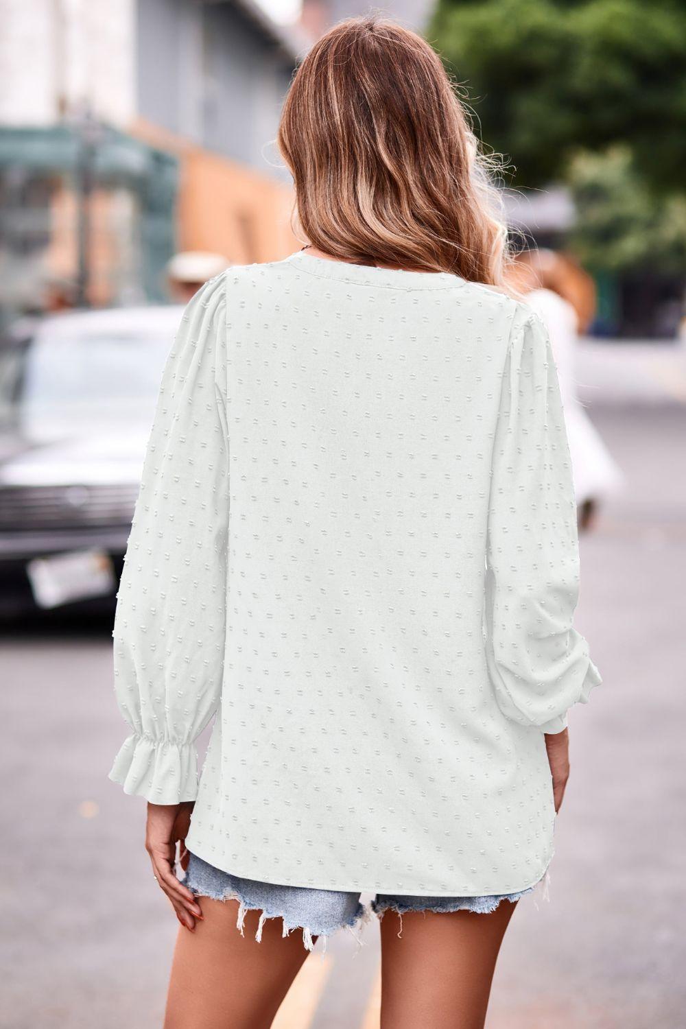 Swiss Dot Notched Neck Long Flounce Sleeve Blouse - Blouse