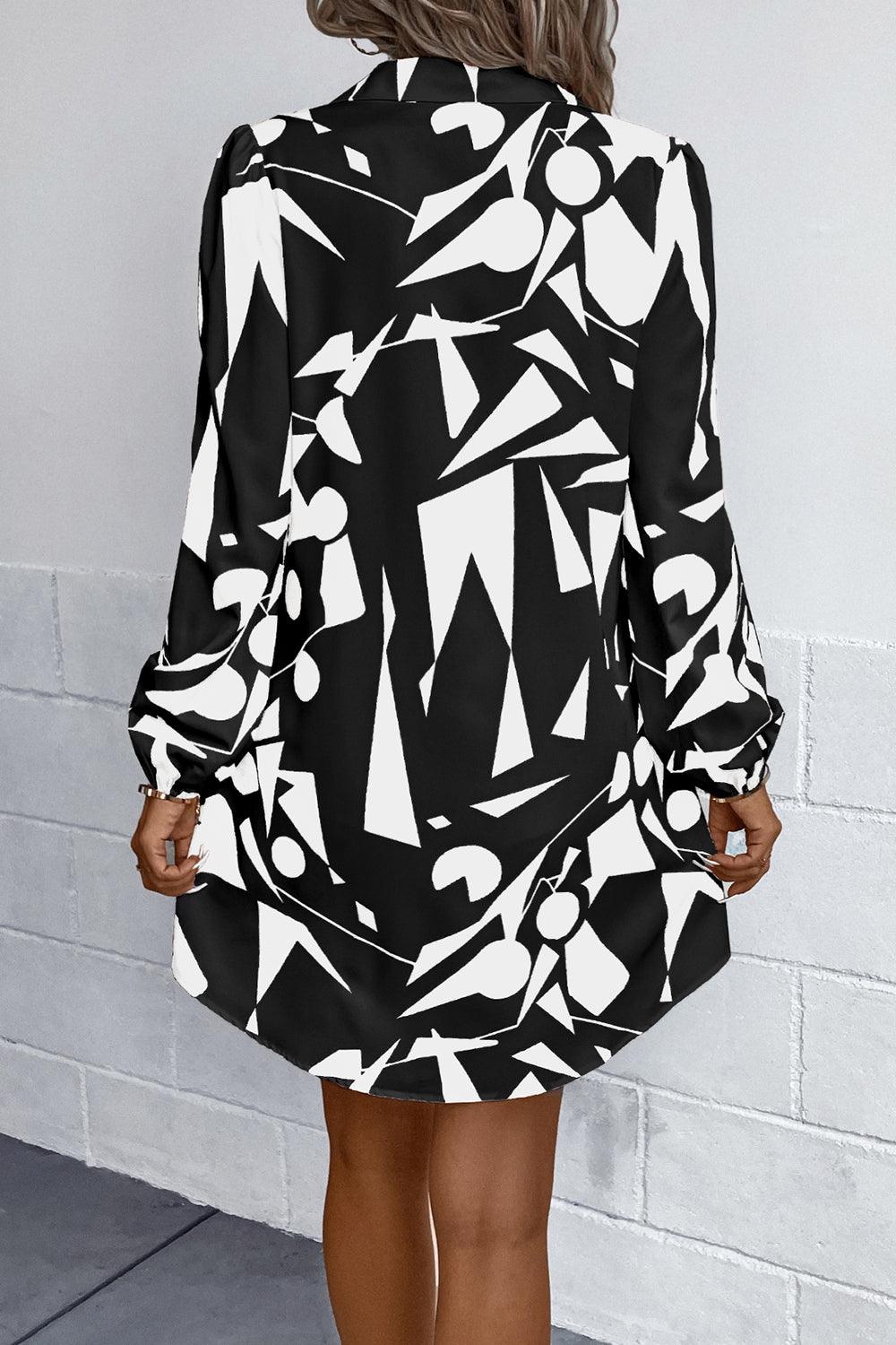 Geometric Long Sleeve Shirt Dress - Dresses