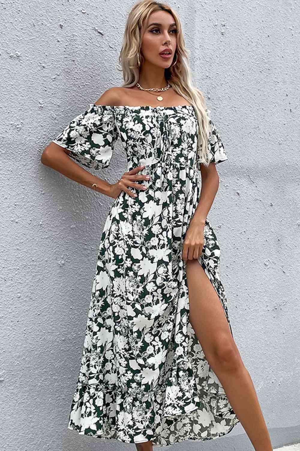 Floral Slit Off-Shoulder Midi Dress - Dresses