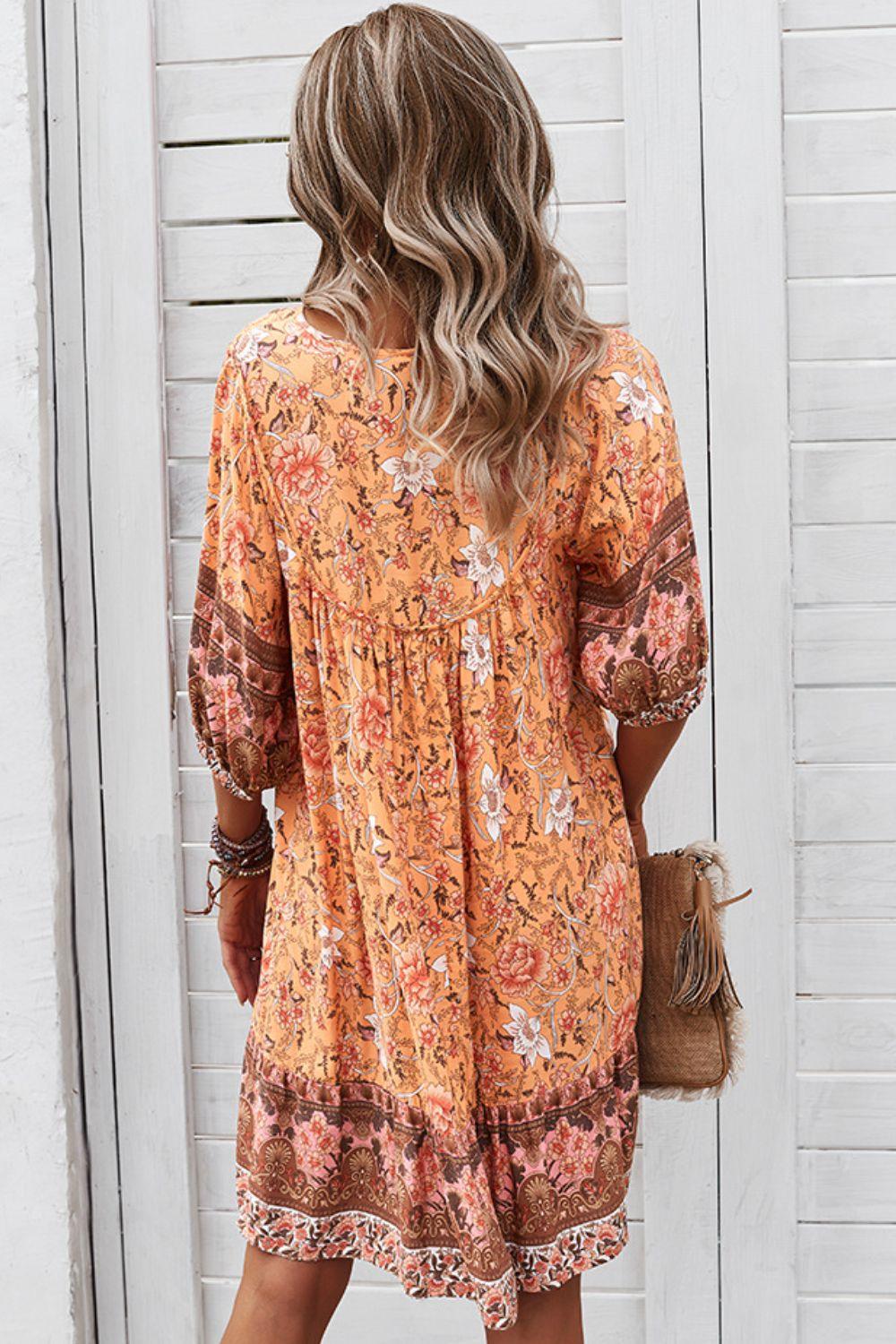 Bohemian Floral Tie Neck 3/4 Sleeve Short Tiered Dress - Dresses