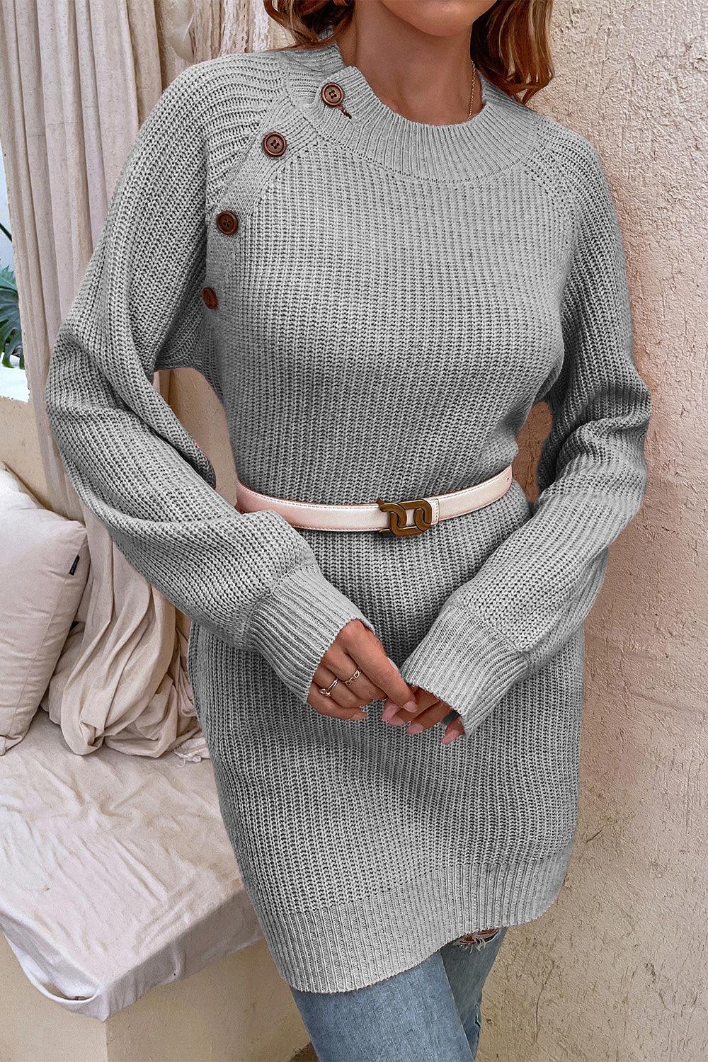 Round Neck Button Detail Ribbed Long Sweater - Sweater