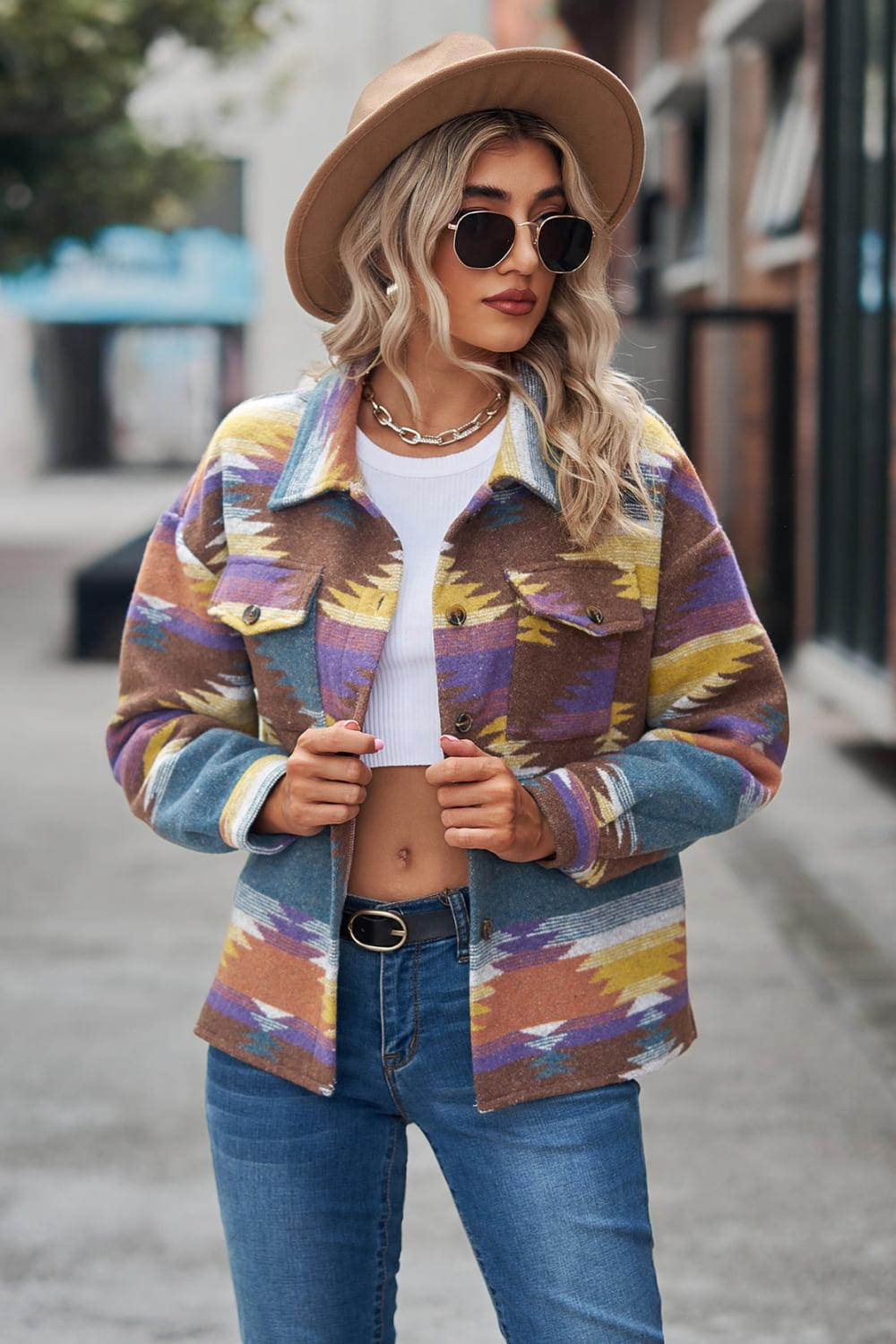 Printed Collared Neck Jacket With Pocket - Jacket