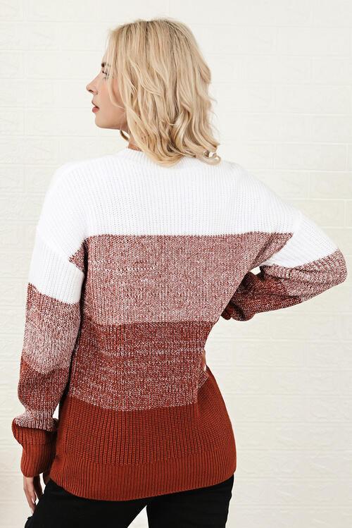 Color Block Pullover Ribbed Sweater - Sweater