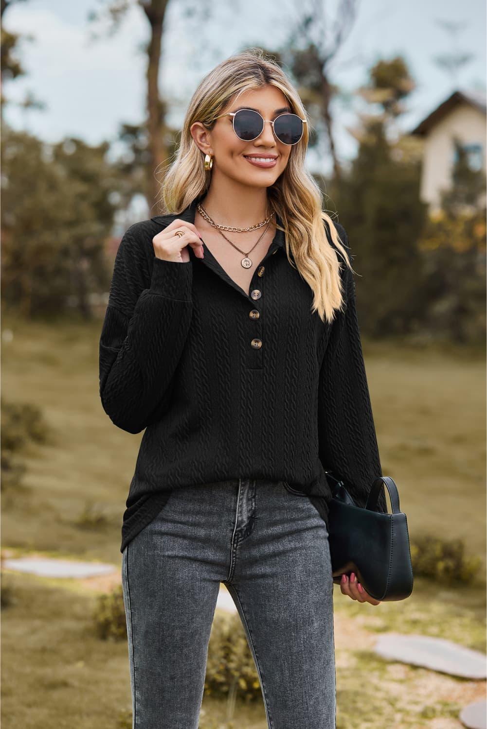 Collared Neck Long Sleeve Buttoned Top - Top