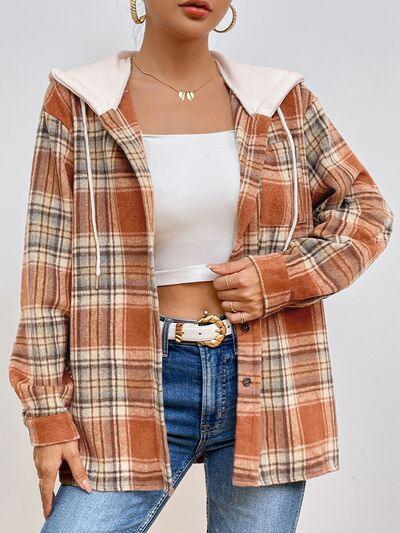 Plaid Button Up Drawstring Hooded Shacket - Jacket