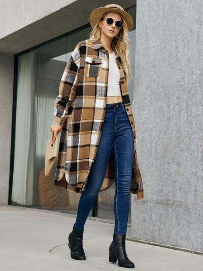 Plaid Pocketed Button Up Trench Coat - Coat