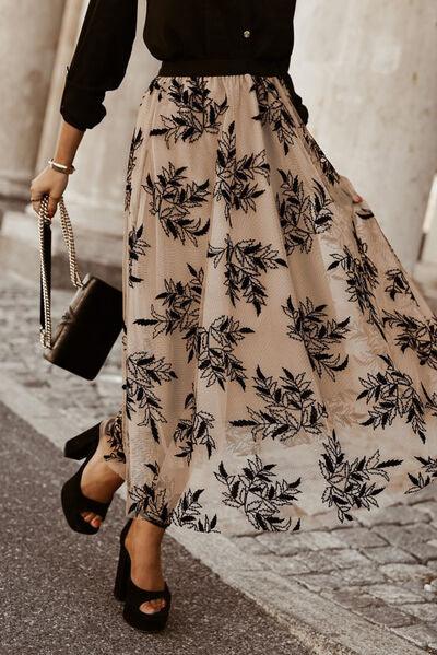 Floral Embroidered High Waist Chiffon Midi Skirt - Skirt