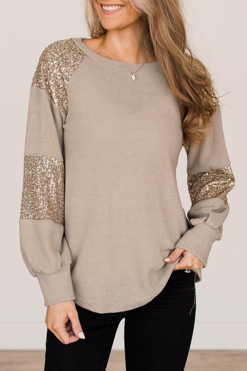 Sequin Round Neck Long Sleeve Top - Top