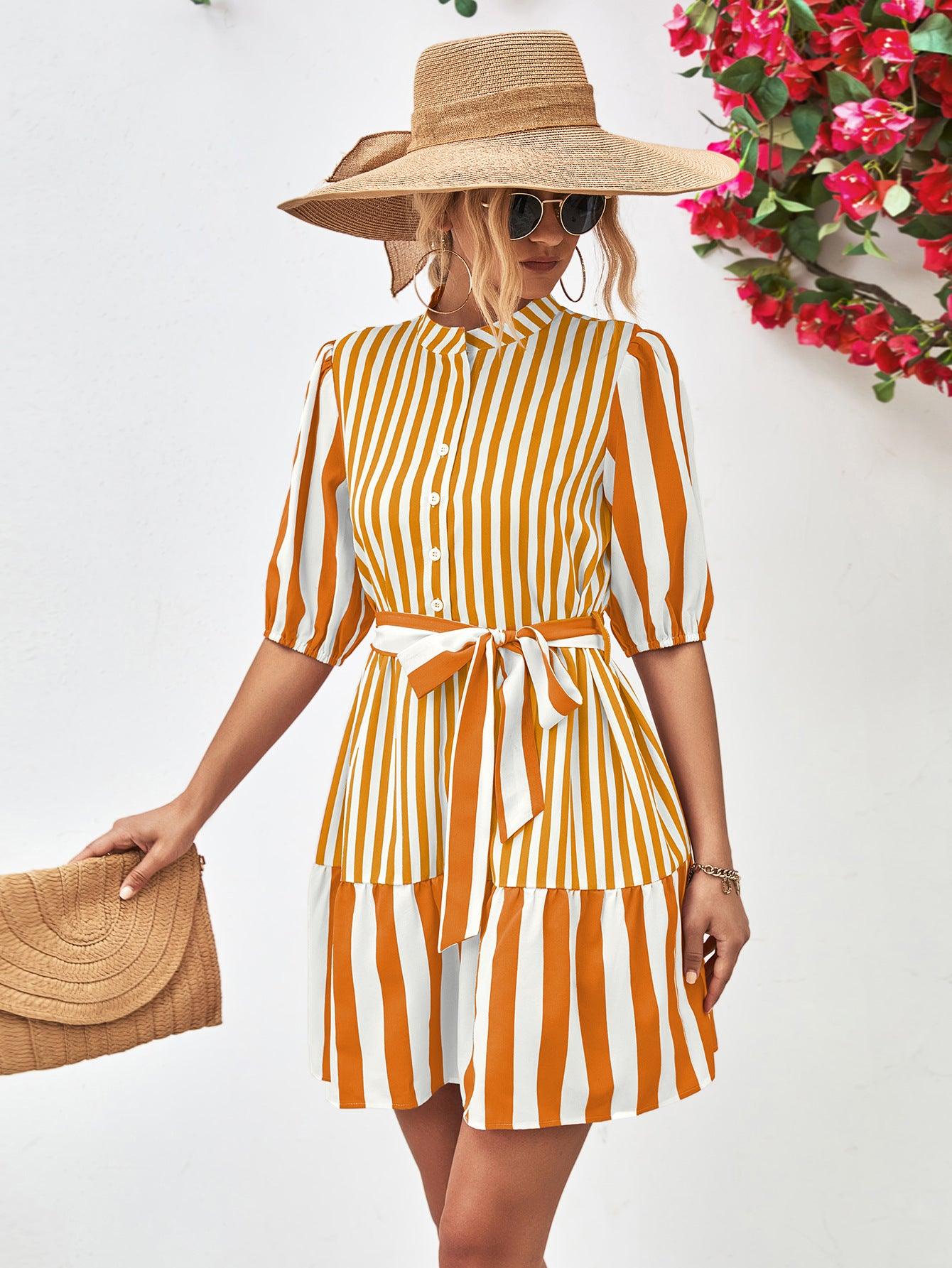 Striped Half Sleeve Tie Waist Mini Dress - Dresses