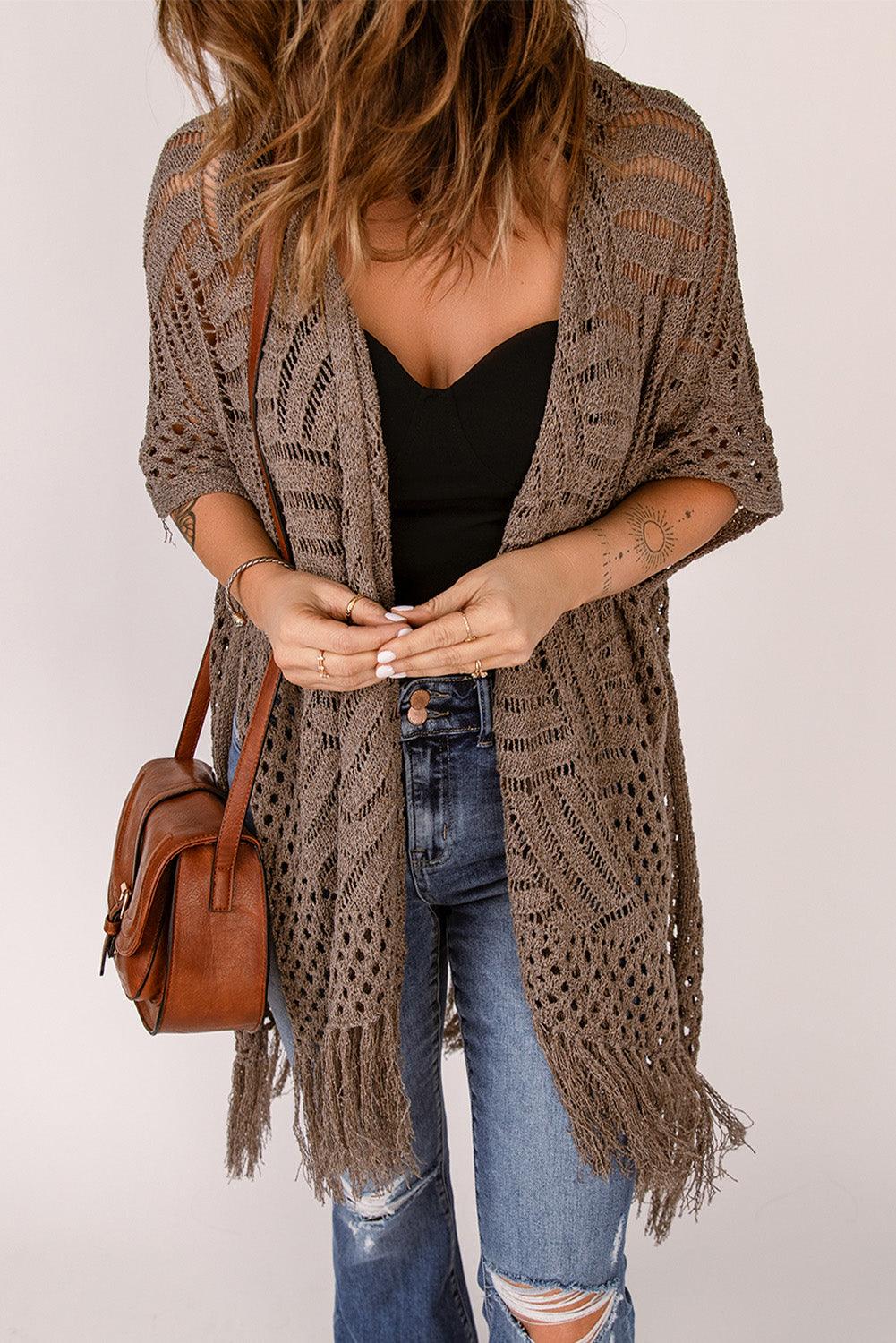 Open Work Fringe Hem Slit Open Front Cardigan - Cardigan