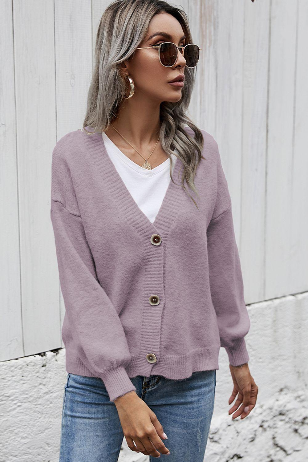 V-Neck Button-Down Dropped Shoulder Cardigan - Cardigan