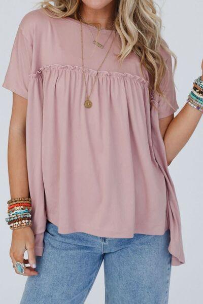 Frill Round Neck Short Sleeve Top - Top