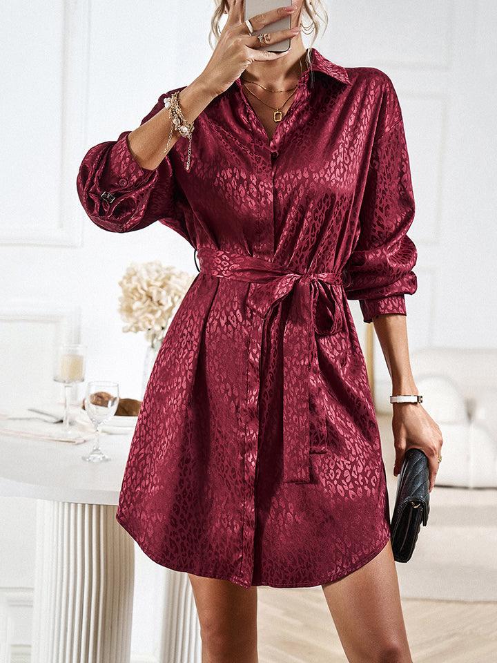 Leopard Tie Waist Collared Neck Shirt Dress - Dresses