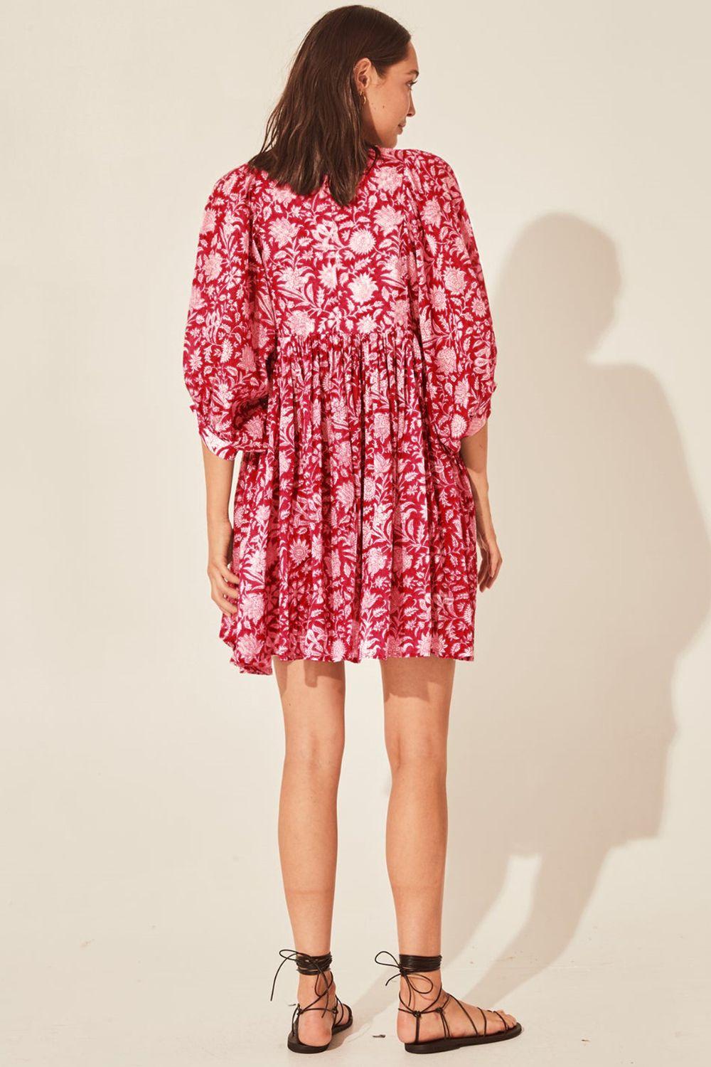 Floral Tie Neck Lantern Sleeve Mini Dress - Dresses