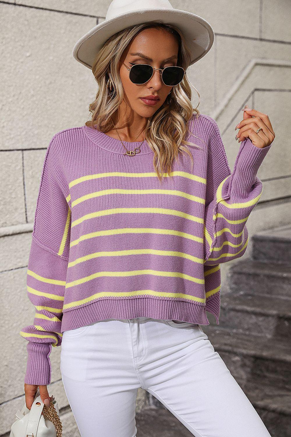 Striped Dropped Shoulder Round Neck Sweater - Sweater