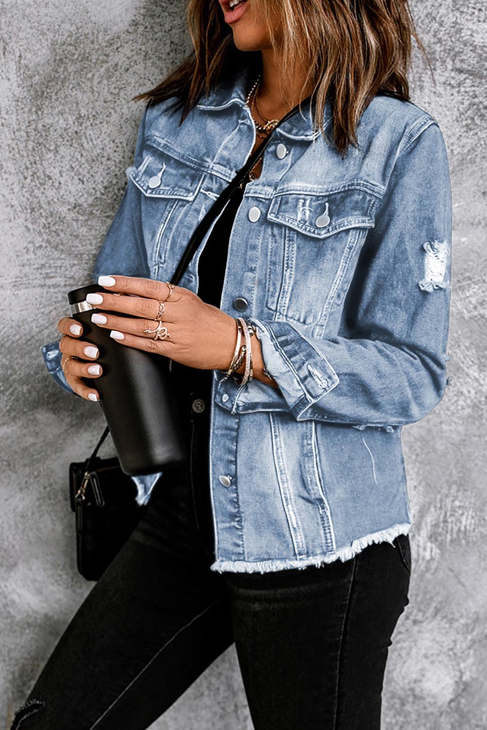 Distressed Raw Hem Denim Jacket - Jacket