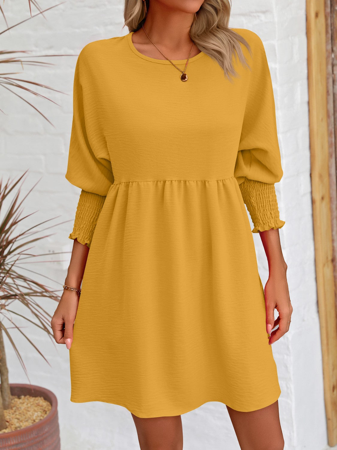 Round Neck Long Lantern Sleeve Mini Dress