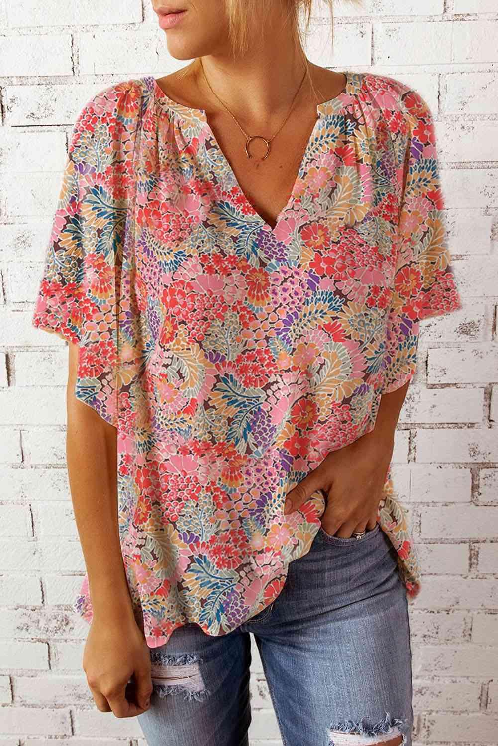 Floral Notched Neck Flutter Sleeve Blouse - Blouse