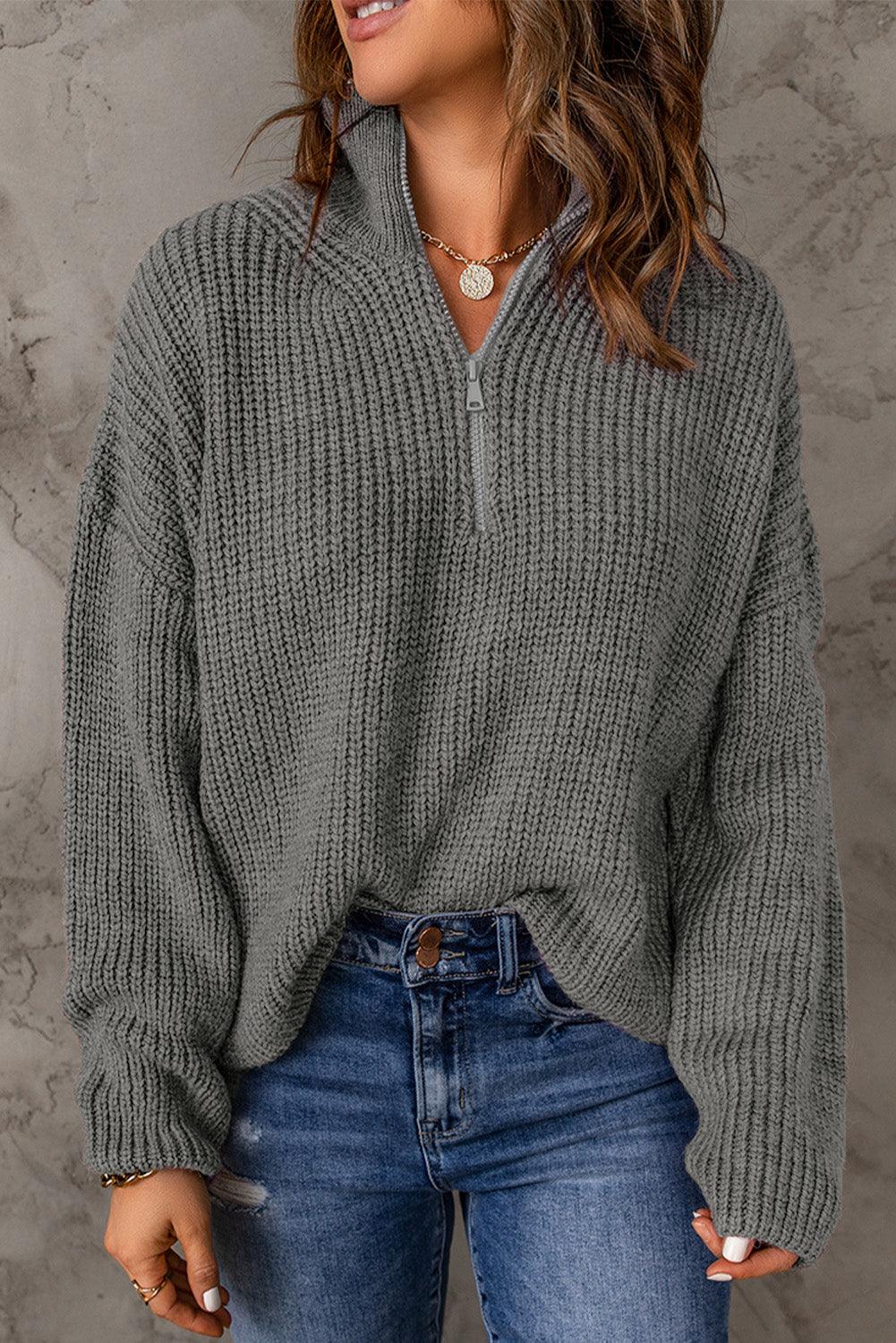 Woven Half Zip Rib-Knit Dropped Shoulder Sweater - Sweater