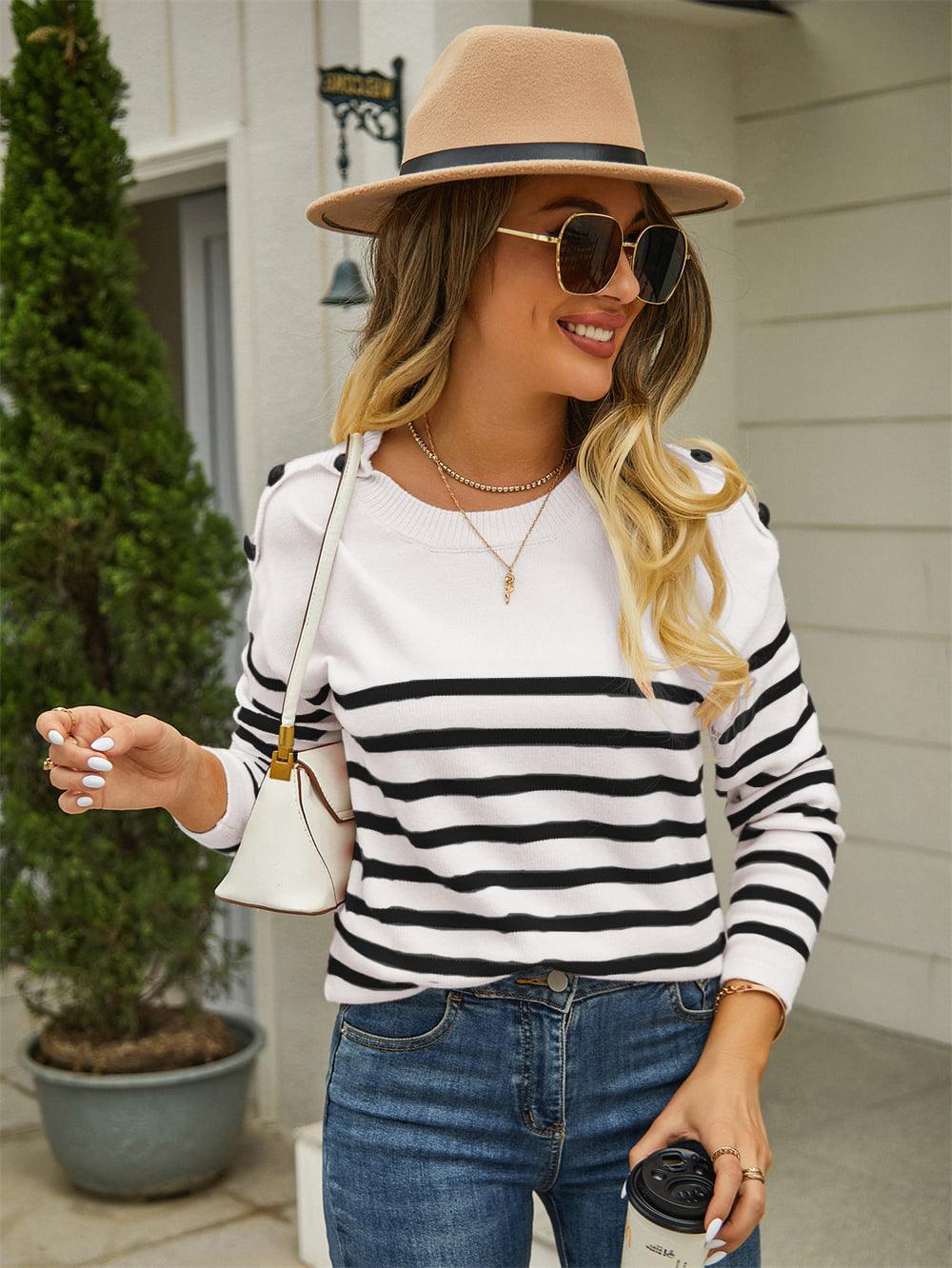 Round Neck Buttoned Shoulder Striped Sweater - Sweater