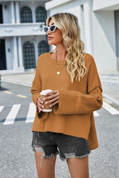 High-Low Slit Round Neck Sweater - Sweater