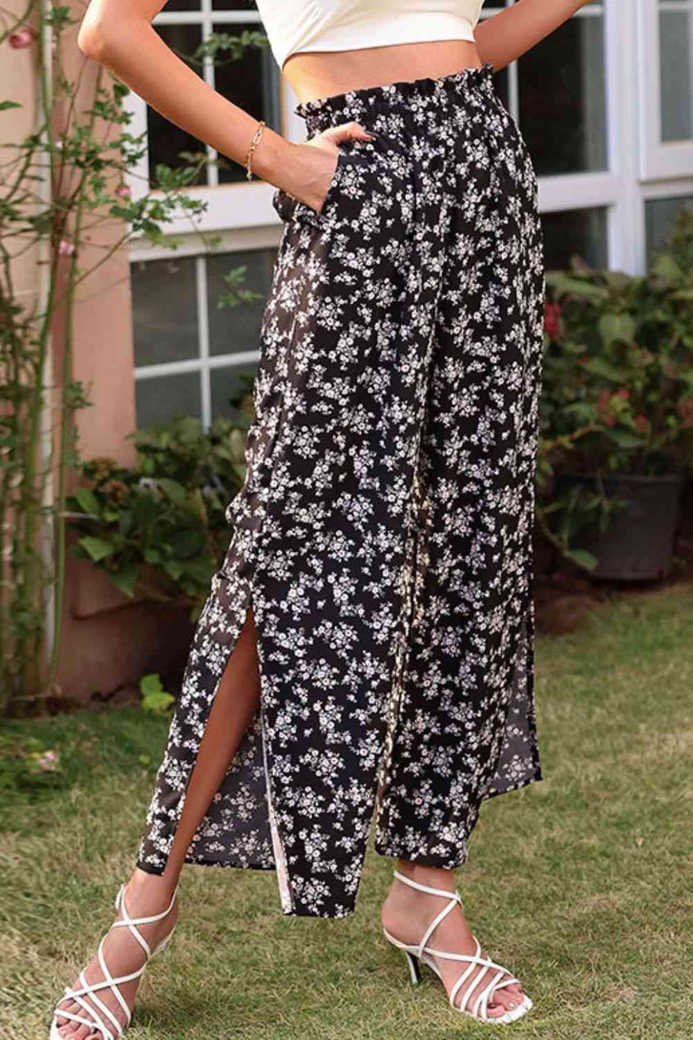 Floral Paperbag Waist Slit Ankle Wide Leg Pants - Pant