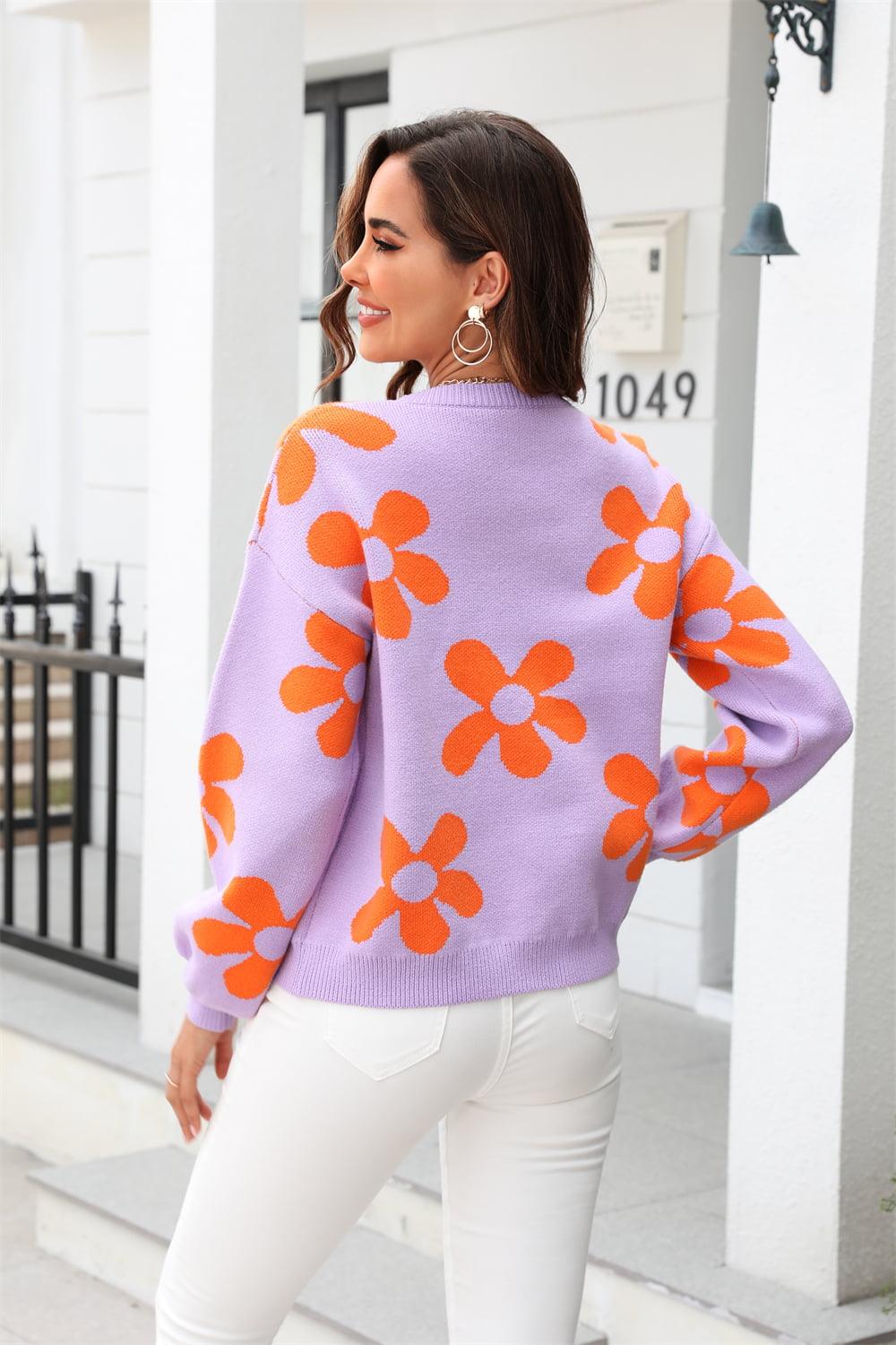 Floral Print Round Neck Dropped Shoulder Pullover Sweater - Sweater