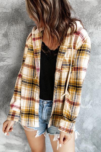 Plaid Button Up Hooded Shacket - Jacket