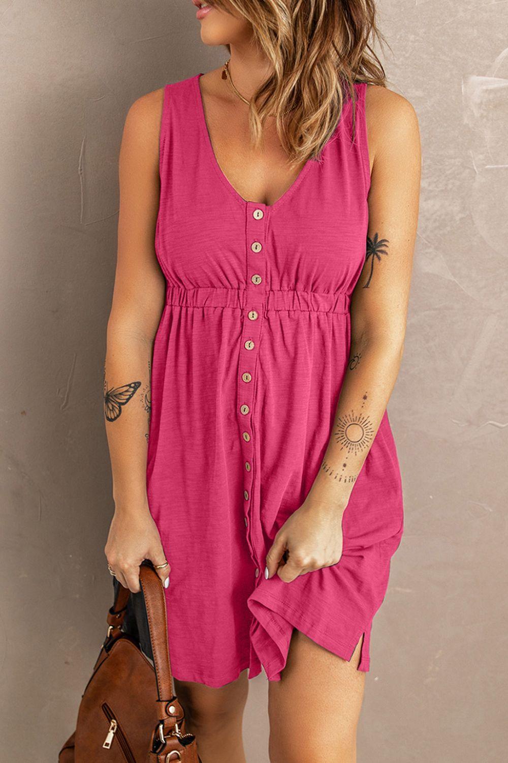 Sleeveless Button Down Smocked V-Neck Mini Magic Dress - Dresses