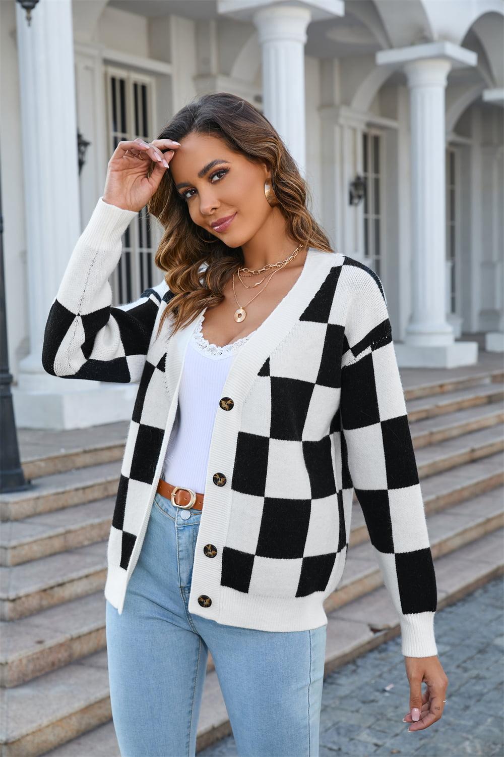 Checkered V-Neck Button-Up Cardigan - Cardigan