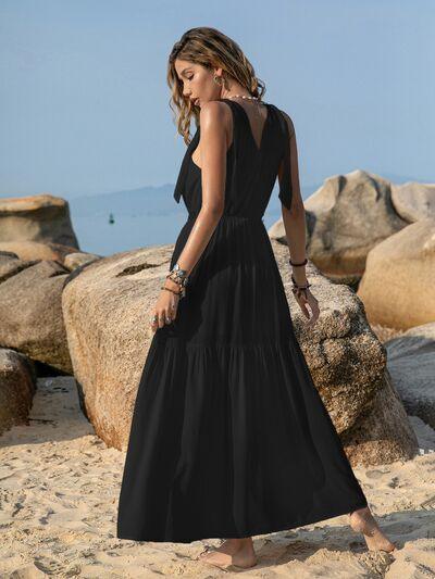 V-Neck Tie Shoulder Crochet Maxi Dress - Dresses